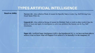 TYPES ARTIFICIAL INTELLIGENCE
the
ability to learn and apply its intelligence to solve any problem like human can do
Artificial Super Intelligence (ASI) is the hypothetical AI, i.e. we have not been able to
achieve it but we know what will happen if we achieve it. So basically it is the imaginary AI
 