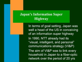 Japan’s Information Super
Highway
In terms of goal setting, Japan was
well a head of the US in conceiving
of an information super highway
In 1990, NTT already had its
“visual, intelligent, and personal”
communications strategy (VI&P)
The aim of VI&P was to link every
household in Japan to a fiber-optic
network over the period of 20 yrs
 