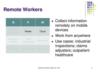 Remote Workers
B P M
Social
collaboration
Mobile Cloud
Big data &
analytics
Case
management
Automation
Decisions Events & IoT Prediction
l Collect information
remotely on mobile
devices
l Work from anywhere
l Use cases: industrial
inspections; claims
adjusters; outpatient
healthcare
Copyright Kemsley Design Ltd., 2014 8
 