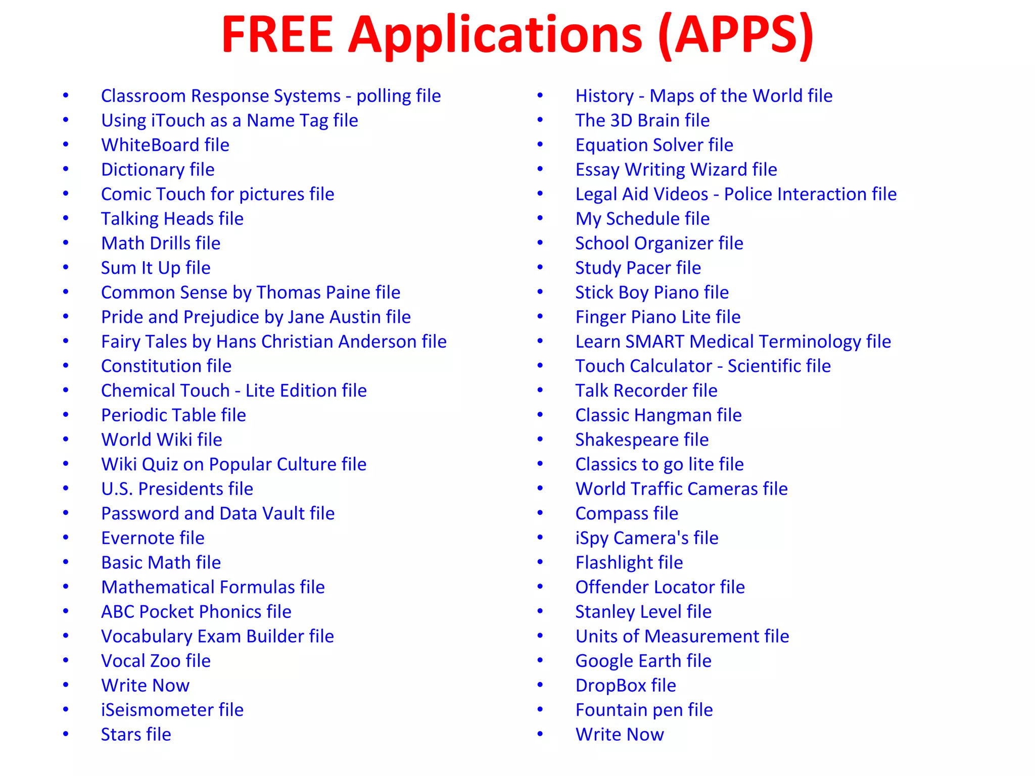 FREE Applications (APPS) Classroom Response Systems - polling file Using iTouch as a Name Tag file WhiteBoard file Dictionary file Comic Touch for pictures file Talking Heads file Math Drills file Sum It Up file Common Sense by Thomas Paine file Pride and Prejudice by Jane Austin file Fairy Tales by Hans Christian Anderson file Constitution file Chemical Touch - Lite Edition file Periodic Table file World Wiki file Wiki Quiz on Popular Culture file U.S. Presidents file Password and Data Vault file Evernote file Basic Math file Mathematical Formulas file ABC Pocket Phonics file Vocabulary Exam Builder file Vocal Zoo file Write Now iSeismometer file Stars file History - Maps of the World file The 3D Brain file Equation Solver file Essay Writing Wizard file Legal Aid Videos - Police Interaction file My Schedule file School Organizer file Study Pacer file Stick Boy Piano file Finger Piano Lite file Learn SMART Medical Terminology file Touch Calculator - Scientific file Talk Recorder file Classic Hangman file Shakespeare file Classics to go lite file World Traffic Cameras file Compass file iSpy Camera's file Flashlight file Offender Locator file Stanley Level file Units of Measurement file Google Earth file DropBox file Fountain pen file Write Now 