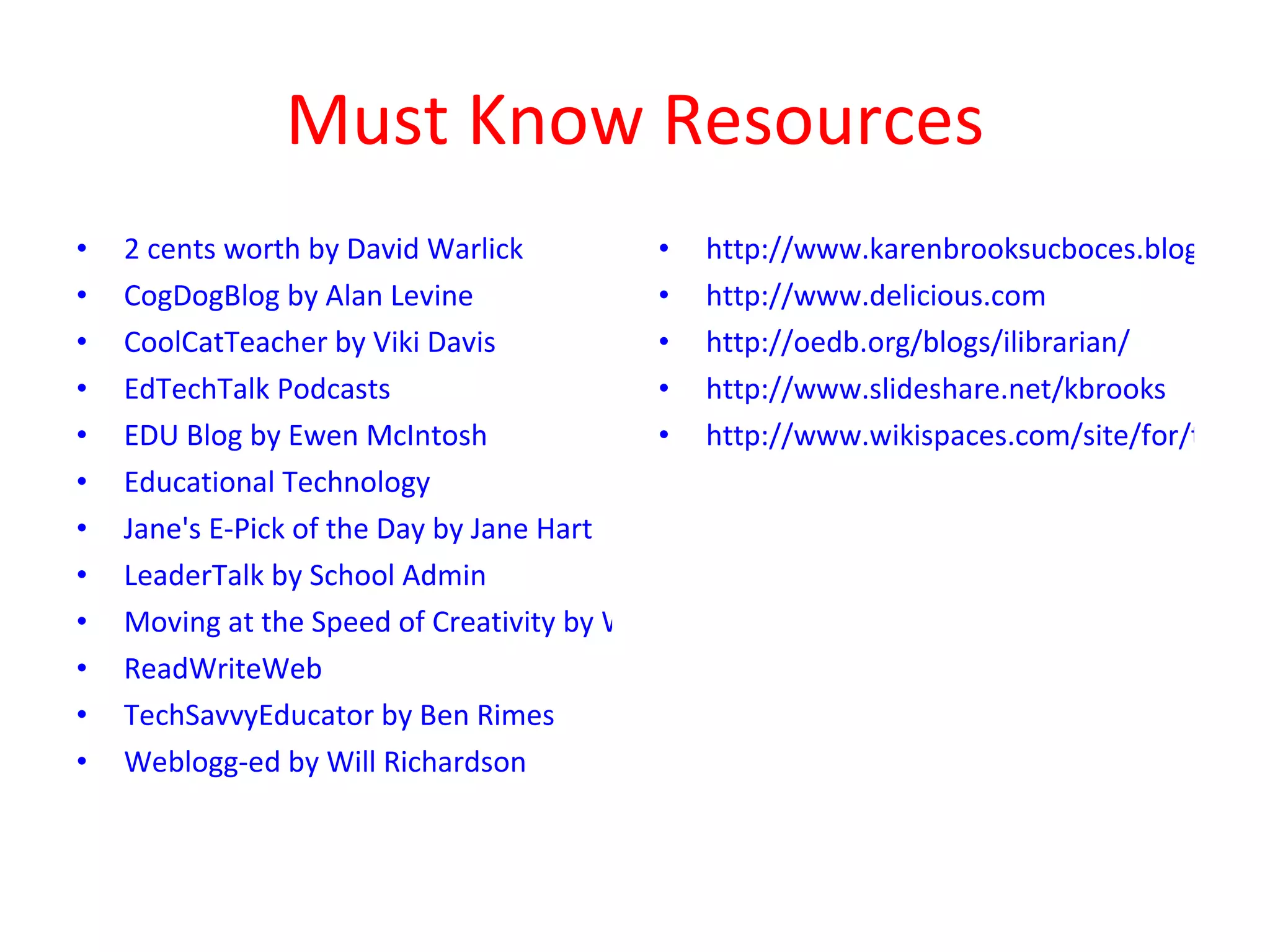 Must Know Resources 2 cents worth by David Warlick CogDogBlog by Alan Levine CoolCatTeacher by Viki Davis EdTechTalk Podcasts EDU Blog by Ewen McIntosh Educational Technology Jane's E-Pick of the Day by Jane Hart LeaderTalk by School Admin Moving at the Speed of Creativity by Wesley Fryer ReadWriteWeb TechSavvyEducator by Ben Rimes Weblogg-ed by Will Richardson http://www.karenbrooksucboces.blogspot.com http://www.delicious.com   http://oedb.org/blogs/ilibrarian/ http://www.slideshare.net/kbrooks http://www.wikispaces.com/site/for/teachers 