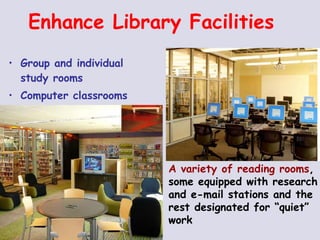 Enhance Library Facilities Group and individual study rooms Computer classrooms A variety of reading rooms , some equipped with research and e-mail stations and the rest designated for “quiet” work 