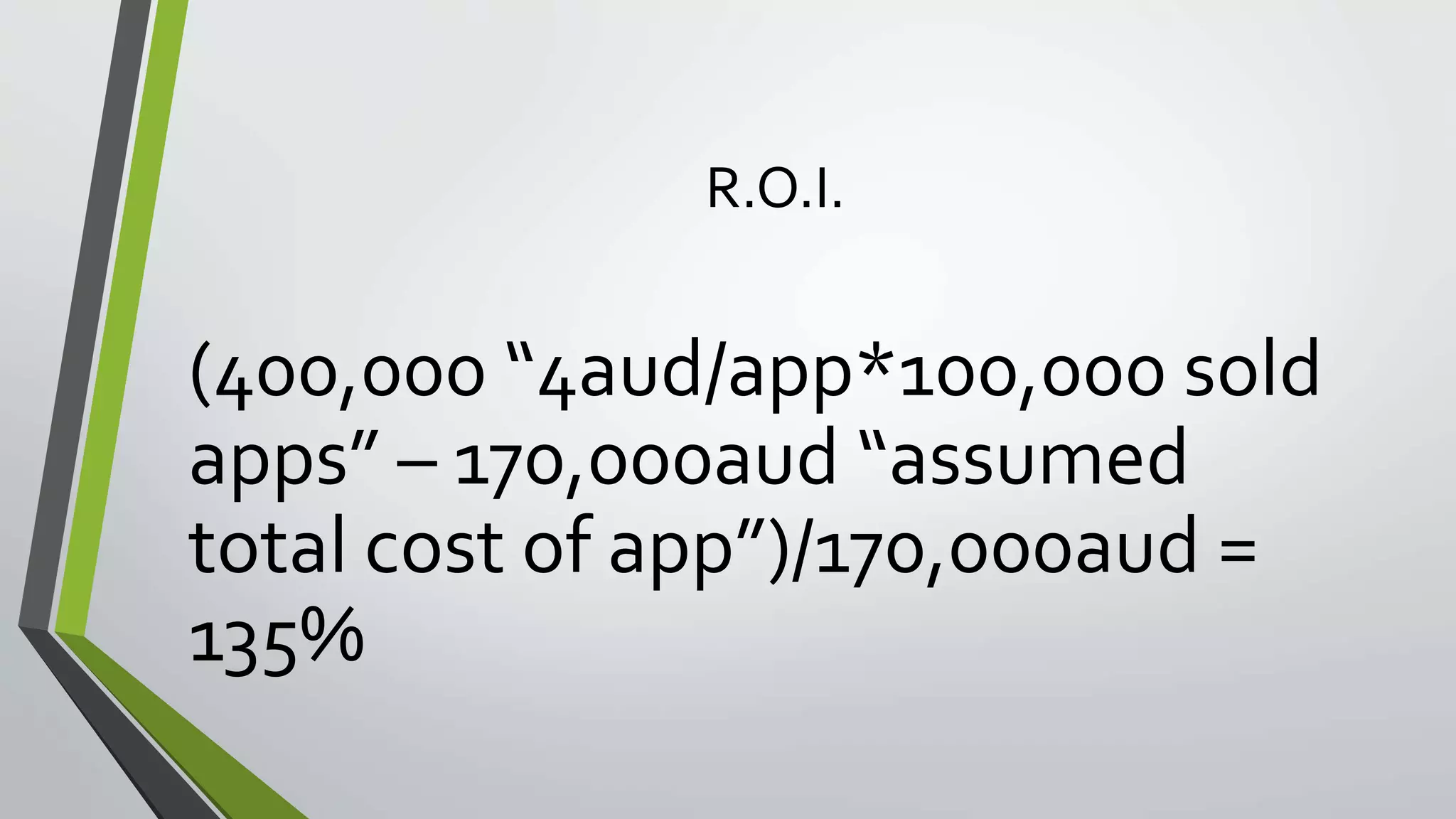 R.O.I. 
(400,000 “4aud/app*100,000 sold 
apps” – 170,000aud “assumed 
total cost of app”)/170,000aud = 
135% 
 