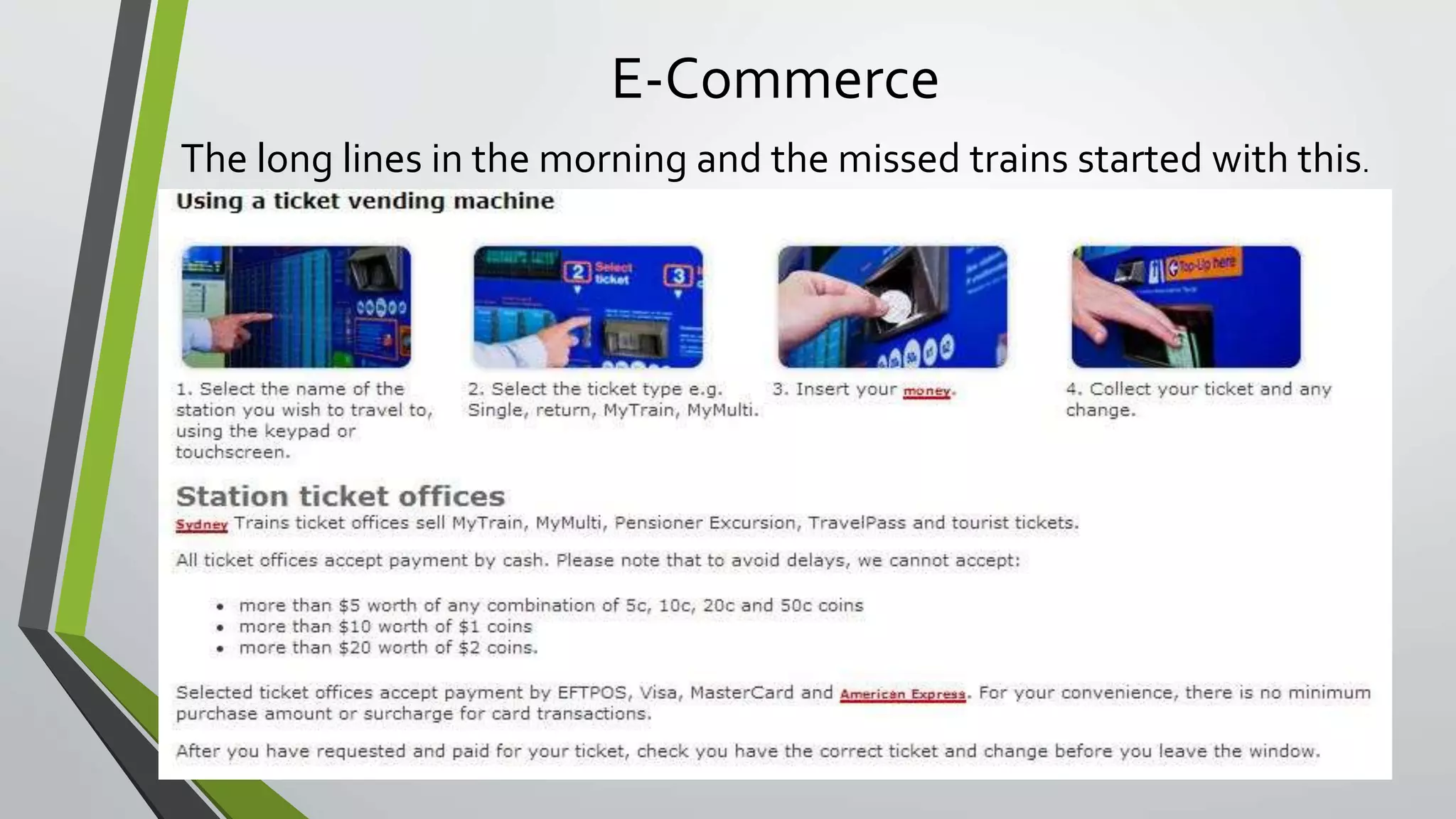 E-Commerce 
The long lines in the morning and the missed trains started with this. 
 