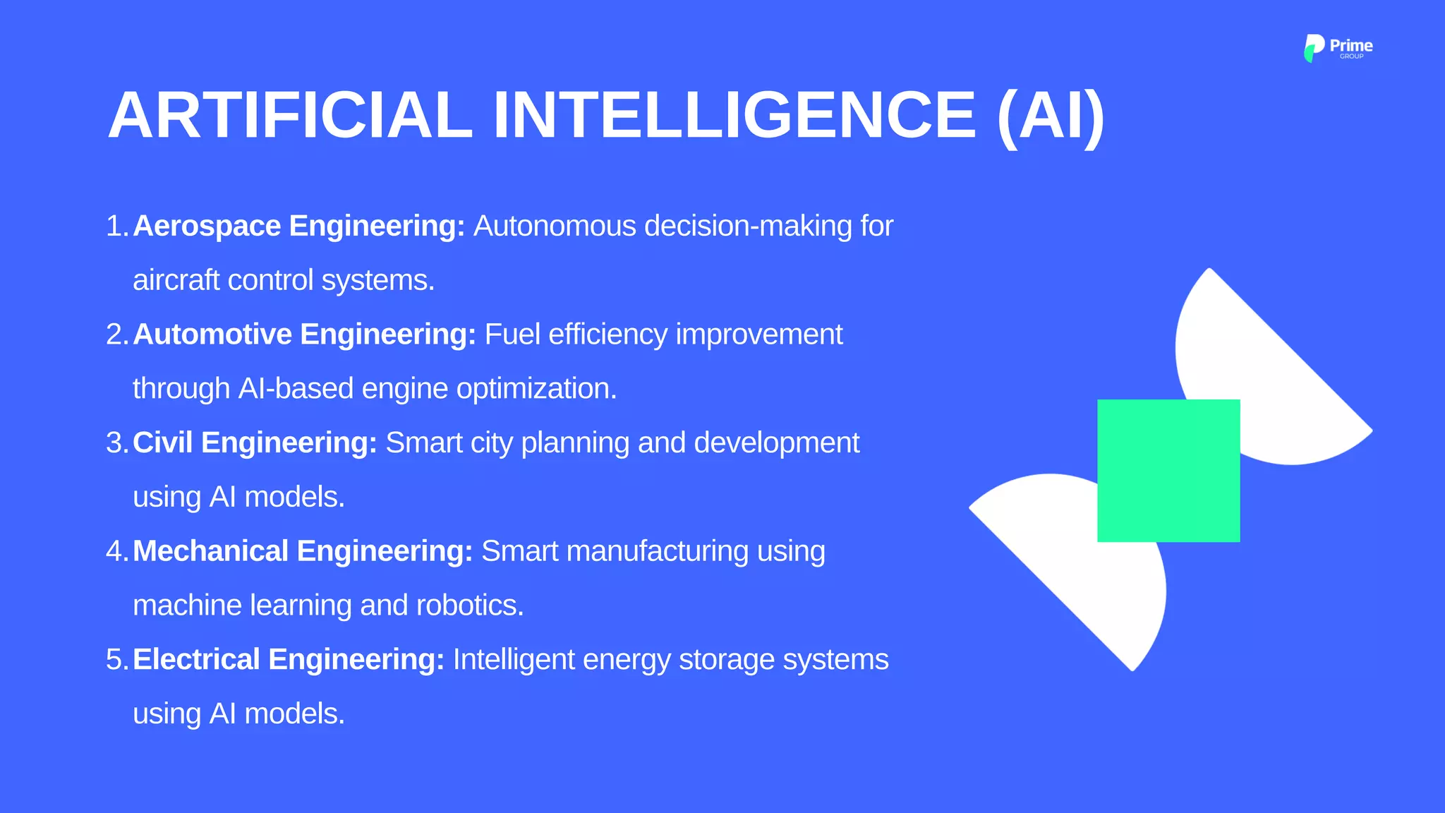 Aerospace Engineering: Autonomous decision-making for
aircraft control systems.
Automotive Engineering: Fuel efficiency improvement
through AI-based engine optimization.
Civil Engineering: Smart city planning and development
using AI models.
Mechanical Engineering: Smart manufacturing using
machine learning and robotics.
Electrical Engineering: Intelligent energy storage systems
using AI models.
1.
2.
3.
4.
5.
ARTIFICIAL INTELLIGENCE (AI)
 