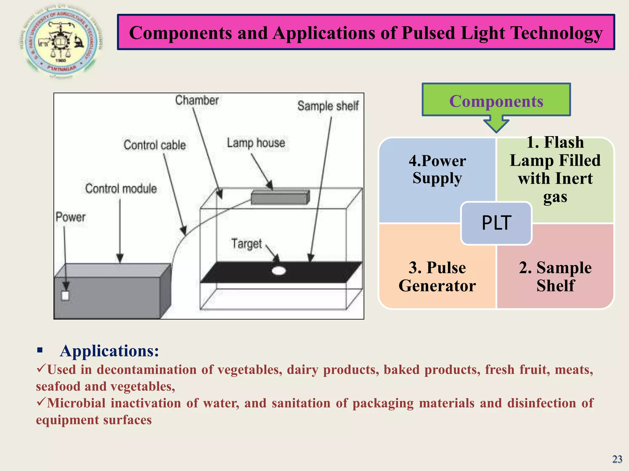 Components and Applications of Pulsed Light Technology
23
Components
 Applications:
Used in decontamination of vegetables, dairy products, baked products, fresh fruit, meats,
seafood and vegetables,
Microbial inactivation of water, and sanitation of packaging materials and disinfection of
equipment surfaces
4.Power
Supply
1. Flash
Lamp Filled
with Inert
gas
3. Pulse
Generator
2. Sample
Shelf
PLT
 
