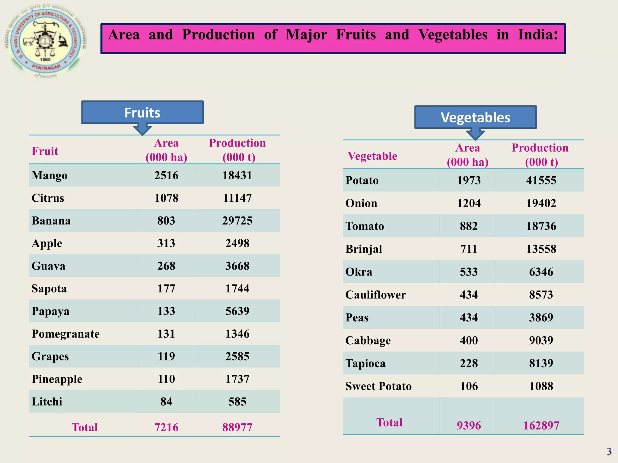 Area and Production of Major Fruits and Vegetables in India:
3
Fruit
Area
(000 ha)
Production
(000 t)
Mango 2516 18431
Citrus 1078 11147
Banana 803 29725
Apple 313 2498
Guava 268 3668
Sapota 177 1744
Papaya 133 5639
Pomegranate 131 1346
Grapes 119 2585
Pineapple 110 1737
Litchi 84 585
Total 7216 88977
Vegetable
Area
(000 ha)
Production
(000 t)
Potato 1973 41555
Onion 1204 19402
Tomato 882 18736
Brinjal 711 13558
Okra 533 6346
Cauliflower 434 8573
Peas 434 3869
Cabbage 400 9039
Tapioca 228 8139
Sweet Potato 106 1088
Total 9396 162897
Fruits Vegetables
 