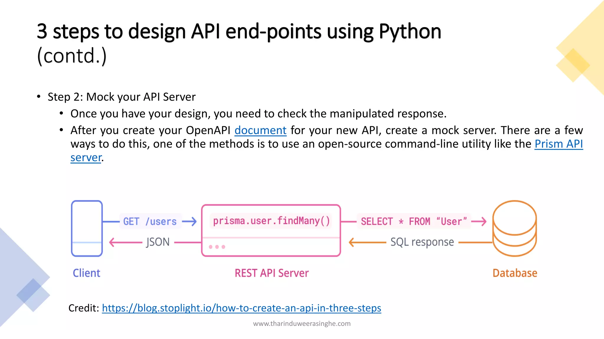 3 steps to design API end-points using Python
(contd.)
• Step 2: Mock your API Server
• Once you have your design, you need to check the manipulated response.
• After you create your OpenAPI document for your new API, create a mock server. There are a few
ways to do this, one of the methods is to use an open-source command-line utility like the Prism API
server.
www.tharinduweerasinghe.com
Credit: https://blog.stoplight.io/how-to-create-an-api-in-three-steps
 