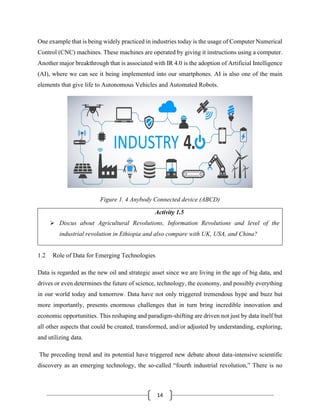 14
One example that is being widely practiced in industries today is the usage of Computer Numerical
Control (CNC) machines. These machines are operated by giving it instructions using a computer.
Another major breakthrough that is associated with IR 4.0 is the adoption of Artificial Intelligence
(AI), where we can see it being implemented into our smartphones. AI is also one of the main
elements that give life to Autonomous Vehicles and Automated Robots.
Figure 1. 4 Anybody Connected device (ABCD)
Activity 1.5
➢ Discus about Agricultural Revolutions, Information Revolutions and level of the
industrial revolution in Ethiopia and also compare with UK, USA, and China?
1.2 Role of Data for Emerging Technologies
Data is regarded as the new oil and strategic asset since we are living in the age of big data, and
drives or even determines the future of science, technology, the economy, and possibly everything
in our world today and tomorrow. Data have not only triggered tremendous hype and buzz but
more importantly, presents enormous challenges that in turn bring incredible innovation and
economic opportunities. This reshaping and paradigm-shifting are driven not just by data itself but
all other aspects that could be created, transformed, and/or adjusted by understanding, exploring,
and utilizing data.
The preceding trend and its potential have triggered new debate about data-intensive scientific
discovery as an emerging technology, the so-called “fourth industrial revolution,” There is no
 