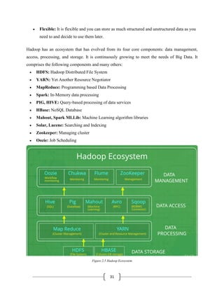 31
• Flexible: It is flexible and you can store as much structured and unstructured data as you
need to and decide to use them later.
Hadoop has an ecosystem that has evolved from its four core components: data management,
access, processing, and storage. It is continuously growing to meet the needs of Big Data. It
comprises the following components and many others:
• HDFS: Hadoop Distributed File System
• YARN: Yet Another Resource Negotiator
• MapReduce: Programming based Data Processing
• Spark: In-Memory data processing
• PIG, HIVE: Query-based processing of data services
• HBase: NoSQL Database
• Mahout, Spark MLLib: Machine Learning algorithm libraries
• Solar, Lucene: Searching and Indexing
• Zookeeper: Managing cluster
• Oozie: Job Scheduling
Figure 2.5 Hadoop Ecosystem
 