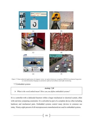 131
Figure 7.5 Some industrial applications of computer vision: (a) optical character recognition (OCR) (b) mechanical inspection
(c) retail (d) medical imaging (e) automotive safety (f) surveillance and traffic monitoring
7.7.Embedded systems
Activity 7.20
➢ What is the word embed mean? How can you define embedded systems?
It is a controller with a dedicated function within a larger mechanical or electrical system, often
with real-time computing constraints. It is embedded as part of a complete device often including
hardware and mechanical parts. Embedded systems control many devices in common use
today. Ninety-eight percent of all microprocessors manufactured are used in embedded systems.
 