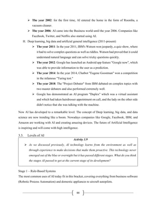 44
➢ The year 2002: for the first time, AI entered the home in the form of Roomba, a
vacuum cleaner.
➢ The year 2006: AI came into the Business world until the year 2006. Companies like
Facebook, Twitter, and Netflix also started using AI.
H. Deep learning, big data and artificial general intelligence (2011-present)
➢ The year 2011: In the year 2011, IBM's Watson won jeopardy, a quiz show, where
it had to solve complex questions as well as riddles. Watson had proved that it could
understand natural language and can solve tricky questions quickly.
➢ The year 2012: Google has launched an Android app feature "Google now", which
was able to provide information to the user as a prediction.
➢ The year 2014: In the year 2014, Chatbot "Eugene Goostman" won a competition
in the infamous "Turing test."
➢ The year 2018: The "Project Debater" from IBM debated on complex topics with
two master debaters and also performed extremely well.
➢ Google has demonstrated an AI program "Duplex" which was a virtual assistant
and which had taken hairdresser appointment on call, and the lady on the other side
didn't notice that she was talking with the machine.
Now AI has developed to a remarkable level. The concept of Deep learning, big data, and data
science are now trending like a boom. Nowadays companies like Google, Facebook, IBM, and
Amazon are working with AI and creating amazing devices. The future of Artificial Intelligence
is inspiring and will come with high intelligence.
3.3. Levels of AI
Activity 3.9
➢ As we discussed previously, AI technology learns from the environment as well as
through experience to make decisions that make them proactive. This technology never
emerged out of the blue or overnight but it has passed different stages. What do you think
the stages AI passed to get at the current stage of its development?
Stage 1 – Rule-Based Systems
The most common uses of AI today fit in this bracket, covering everything from business software
(Robotic Process Automation) and domestic appliances to aircraft autopilots.
 