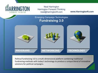 Neal Harrington Harrington Forward Thinking neal@harringtonft.com www.Harringtonft.com Emerging Campaign Technologies Fundraising 3.0 PROGRAMS NETWORKING TECHNOLOGY Political fundraising 3.0 is a multi-dimensional platform combining traditional fundraising methods with today’s technology to produce a unique blend of innovative solutions for political campaigns. 