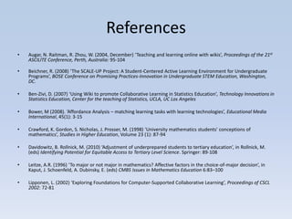 References
•   Augar, N. Raitman, R. Zhou, W. (2004, December) ‘Teaching and learning online with wikis’, Proceedings of the 21st
    ASCILITE Conference, Perth, Australia: 95-104

•   Beichner, R. (2008) ‘The SCALE-UP Project: A Student-Centered Active Learning Environment for Undergraduate
    Programs’, BOSE Conference on Promising Practices-Innovation in Undergraduate STEM Education, Washington,
    DC.

•   Ben-Zivi, D. (2007) ‘Using Wiki to promote Collaborative Learning in Statistics Education’, Technology Innovations in
    Statistics Education, Center for the teaching of Statistics, UCLA, UC Los Angeles

•   Bower, M (2008). ‘Affordance Analysis – matching learning tasks with learning technologies’, Educational Media
    International, 45(1): 3-15

•   Crawford, K. Gordon, S. Nicholas, J. Prosser, M. (1998) ‘University mathematics students' conceptions of
    mathematics’, Studies in Higher Education, Volume 23 (1): 87-94

•   Davidowitz, B. Rollnick, M. (2010) ‘Adjustment of underprepared students to tertiary education’, in Rollnick, M.
    (eds) Identifying Potential for Equitable Access to Tertiary Level Science. Springer: 89-108

•   Leitze, A.R. (1996) ‘To major or not major in mathematics? Affective factors in the choice-of-major decision’, in
    Kaput, J. Schoenfeld, A. Dubinsky, E. (eds) CMBS Issues in Mathematics Education 6:83–100

•   Lipponen, L. (2002) ‘Exploring Foundations for Computer-Supported Collaborative Learning’, Proceedings of CSCL
    2002: 72-81
 