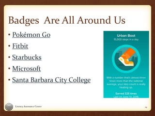 Badges Are All Around Us
• Pokémon Go
• Fitbit
• Starbucks
• Microsoft
• Santa Barbara City College
19
 