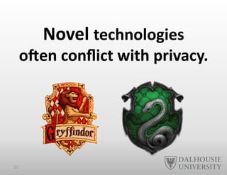 Novel	
  technologies	
  	
  
oYen	
  conﬂict	
  with	
  privacy.	
  
11	
  
 