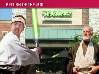 RETURN OF THE JEDI




                        IMAGE:
          “RETURN OF THE JEDI POSTER” BUT POSTER
           IS REALLY TAZIKI RESTAURANT AND IMAGE
           OF KEITH IN FRONT HOLDING LIGHT SABRE
         AND SMILING (LAUREL AROUND KEITH’S HEAD)
 
