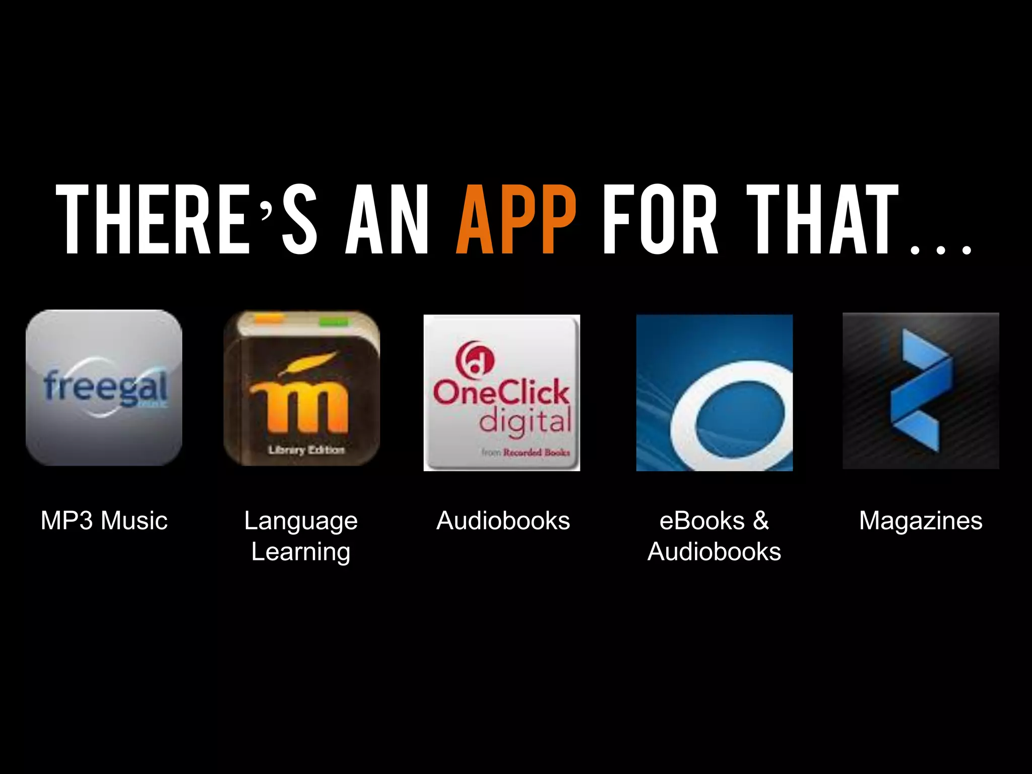There’s an app for that…
MP3 Music Language
Learning
Audiobooks eBooks &
Audiobooks
Magazines
 