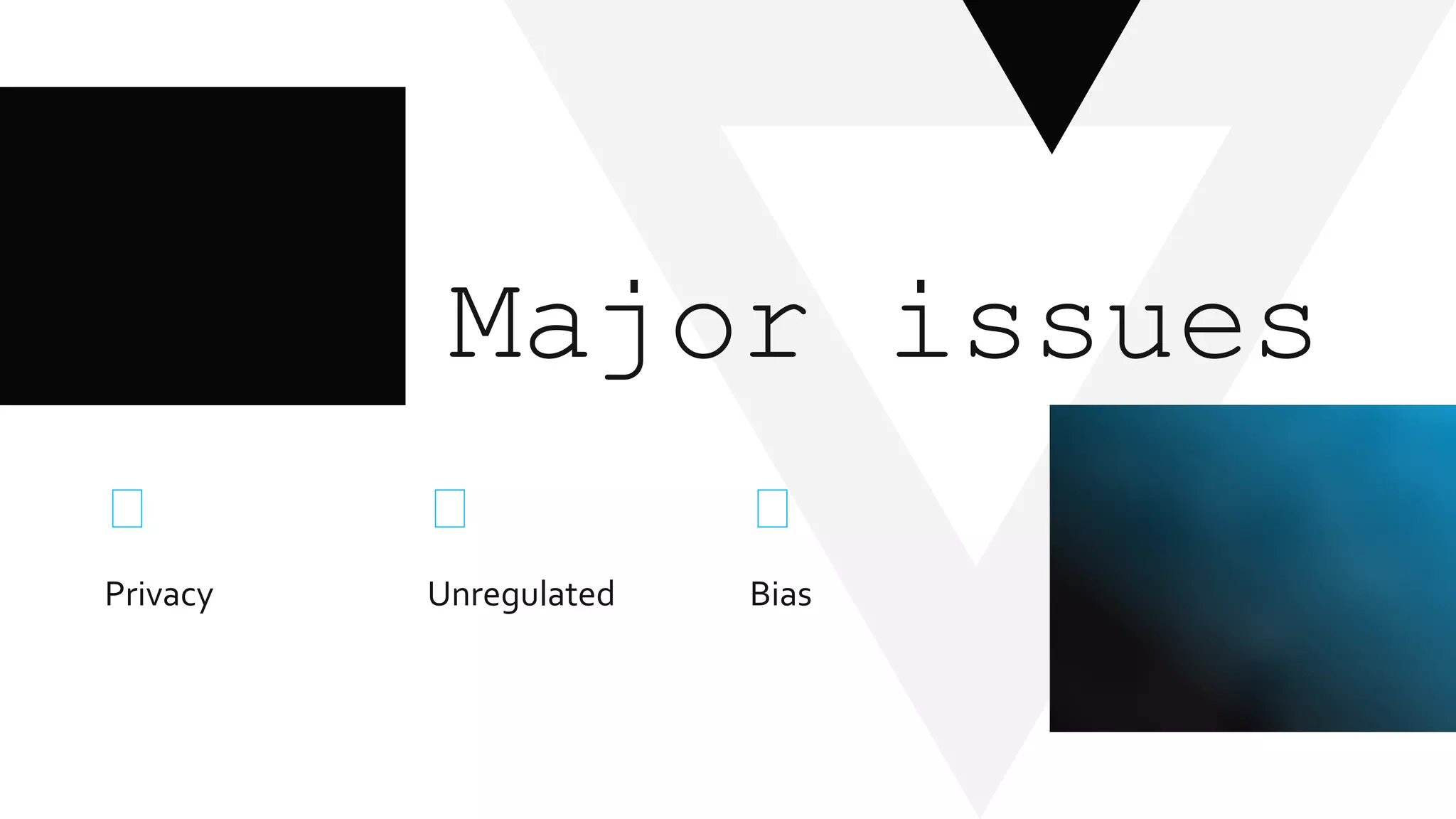 BiasUnregulatedPrivacy
Major issues
 