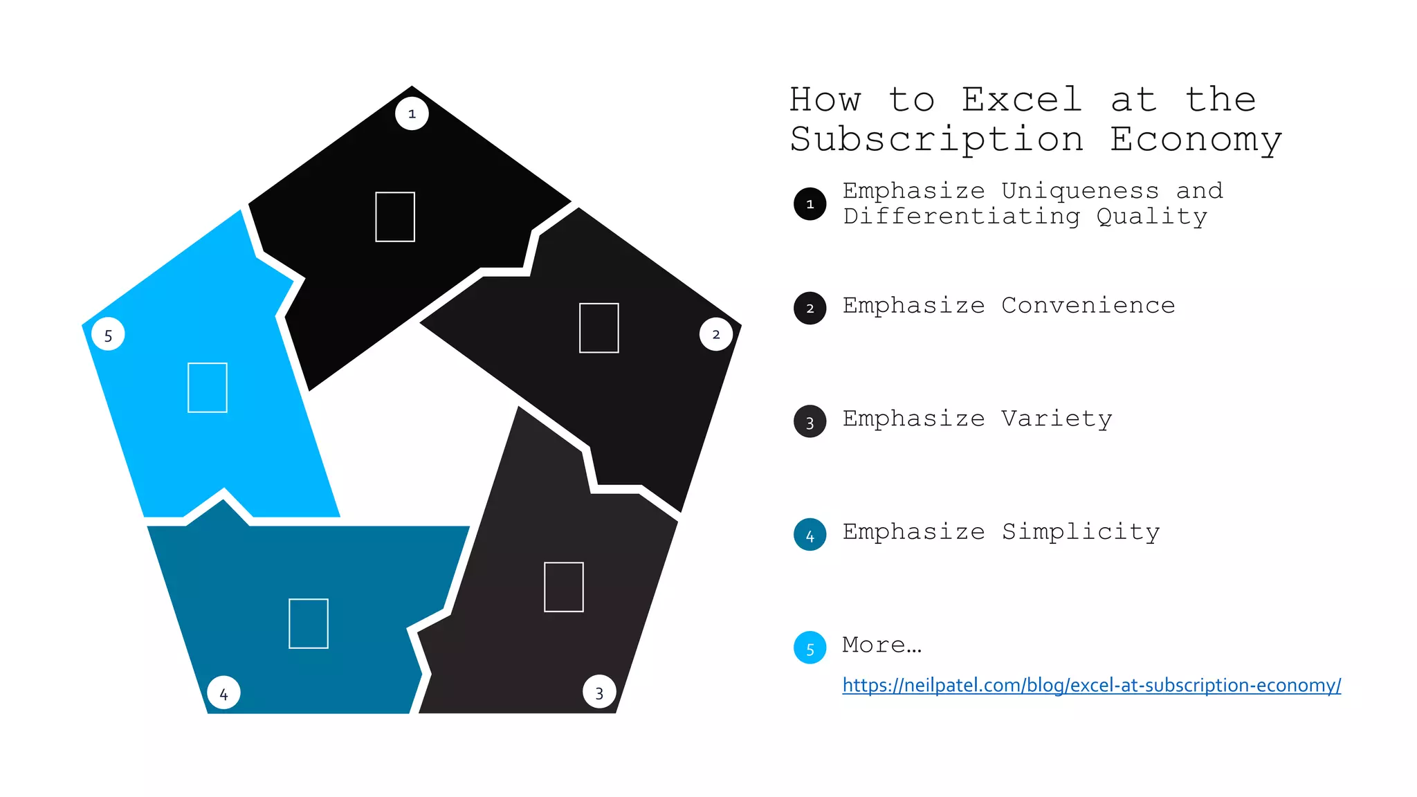 https://neilpatel.com/blog/excel-at-subscription-economy/
5 More…
4 Emphasize Simplicity
3 Emphasize Variety
2 Emphasize Convenience
1 Emphasize Uniqueness and
Differentiating Quality
How to Excel at the
Subscription Economy
5
4 3
2
1
 