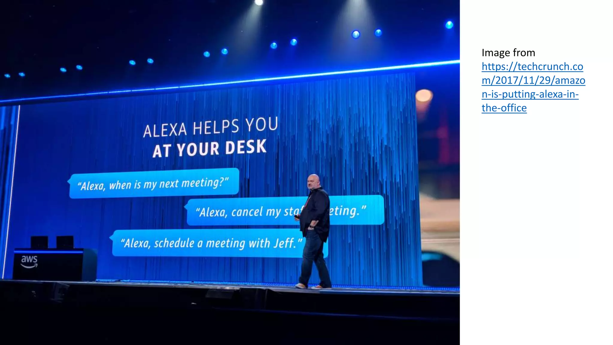 Image from
https://techcrunch.co
m/2017/11/29/amazo
n-is-putting-alexa-in-
the-office
 