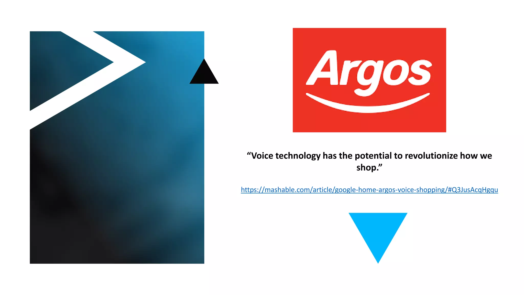 “Voice technology has the potential to revolutionize how we
shop.”
https://mashable.com/article/google-home-argos-voice-shopping/#Q3JusAcqHgqu
 