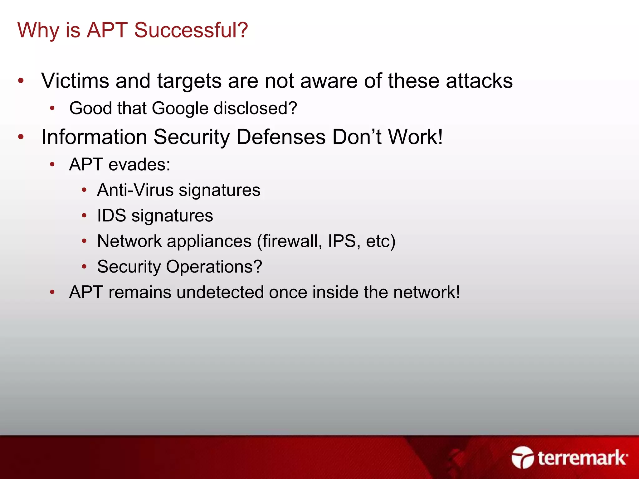 Script KiddiesAttacker Motivation (botnets)Storm(Botnet)2007Srizbi(Botnet)2007Rustock(Botnet)2007Kracken(Botnet)2008Vandalism and publicity“Hacktivism”Attack RiskFinancially motivatedNimda(Installed Trojan)2001CodeRed(Defacing IIS web servers)2001Slammer(Attacking SQL websites)2003Agobot(DoS Botnet)Republican website DoS2004Estonia’s Web SitesDoS2007Georgia Web sitesDoS2008July 2009 Cyber AttacksUS & KoreaBlaster(Attacking Microsoft web site)2003200920012005