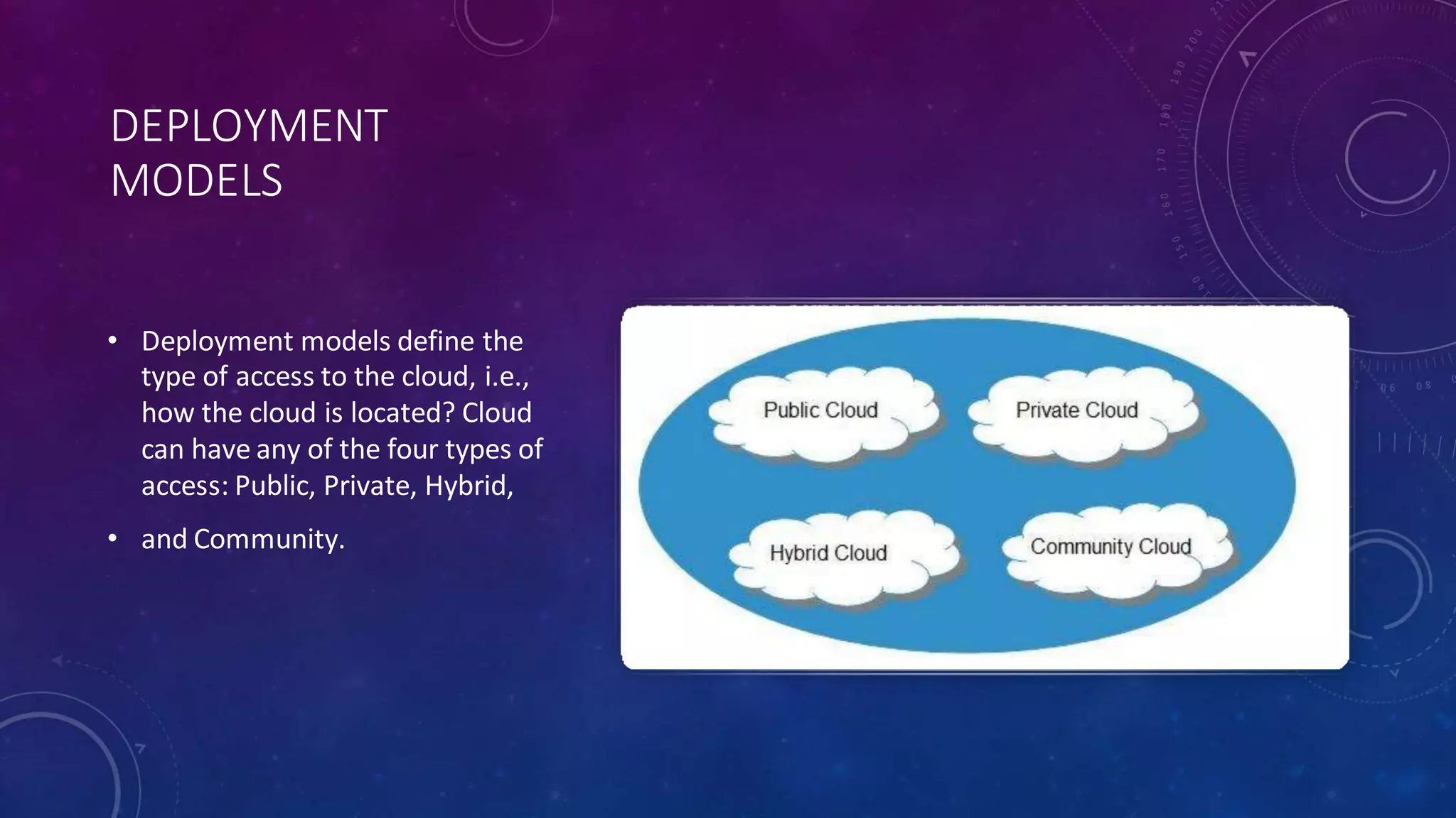 DEPLOYMENT
MODELS
• Deployment models define the
type of access to the cloud, i.e.,
how the cloud is located? Cloud
can have any of the four types of
access: Public, Private, Hybrid,
• and Community.
 