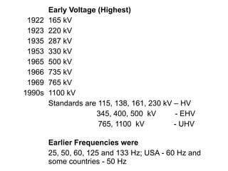 1922
1923
1935
1953
1965
1966
1969
1990s
Early Voltage (Highest)
165 kV
220 kV
287 kV
330 kV
500 kV
735 kV
765 kV
1100 kV
Standards are 115, 138, 161, 230 kV – HV
345, 400, 500 kV - EHV
765, 1100 kV - UHV
Earlier Frequencies were
25, 50, 60, 125 and 133 Hz; USA - 60 Hz and
some countries - 50 Hz
 