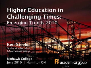 Higher Education in
Challenging Times:
Emerging Trends 2010



Ken Steele
Senior Vice-President,
Education Marketing


Mohawk College
June 2010 | Hamilton ON
 