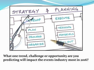 What one trend, challenge or opportunity are you
predicting will impact the events industry most in 2016?
 