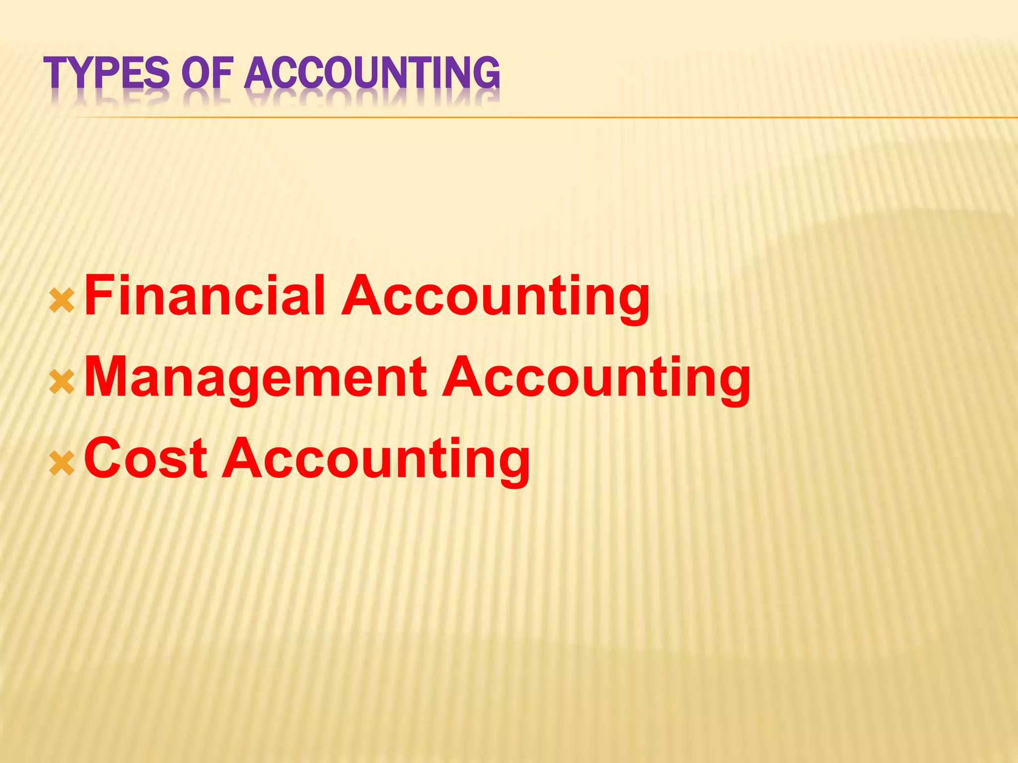 TYPES OF ACCOUNTING
Financial Accounting
Management Accounting
Cost Accounting