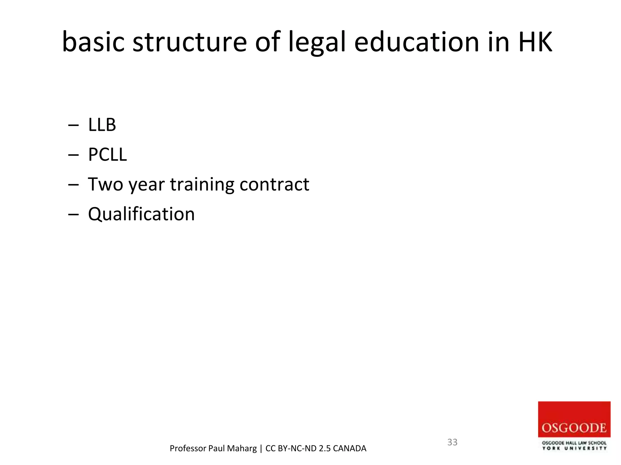basic structure of legal education in HK
– LLB
– PCLL
– Two year training contract
– Qualification
Professor Paul Maharg | CC BY-NC-ND 2.5 CANADA
33
 