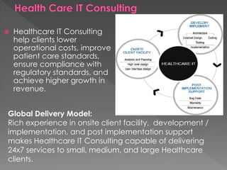  Healthcare IT Consulting
help clients lower
operational costs, improve
patient care standards,
ensure compliance with
regulatory standards, and
achieve higher growth in
revenue.
Global Delivery Model:
Rich experience in onsite client facility, development /
implementation, and post implementation support
makes Healthcare IT Consulting capable of delivering
24x7 services to small, medium, and large Healthcare
clients.
 