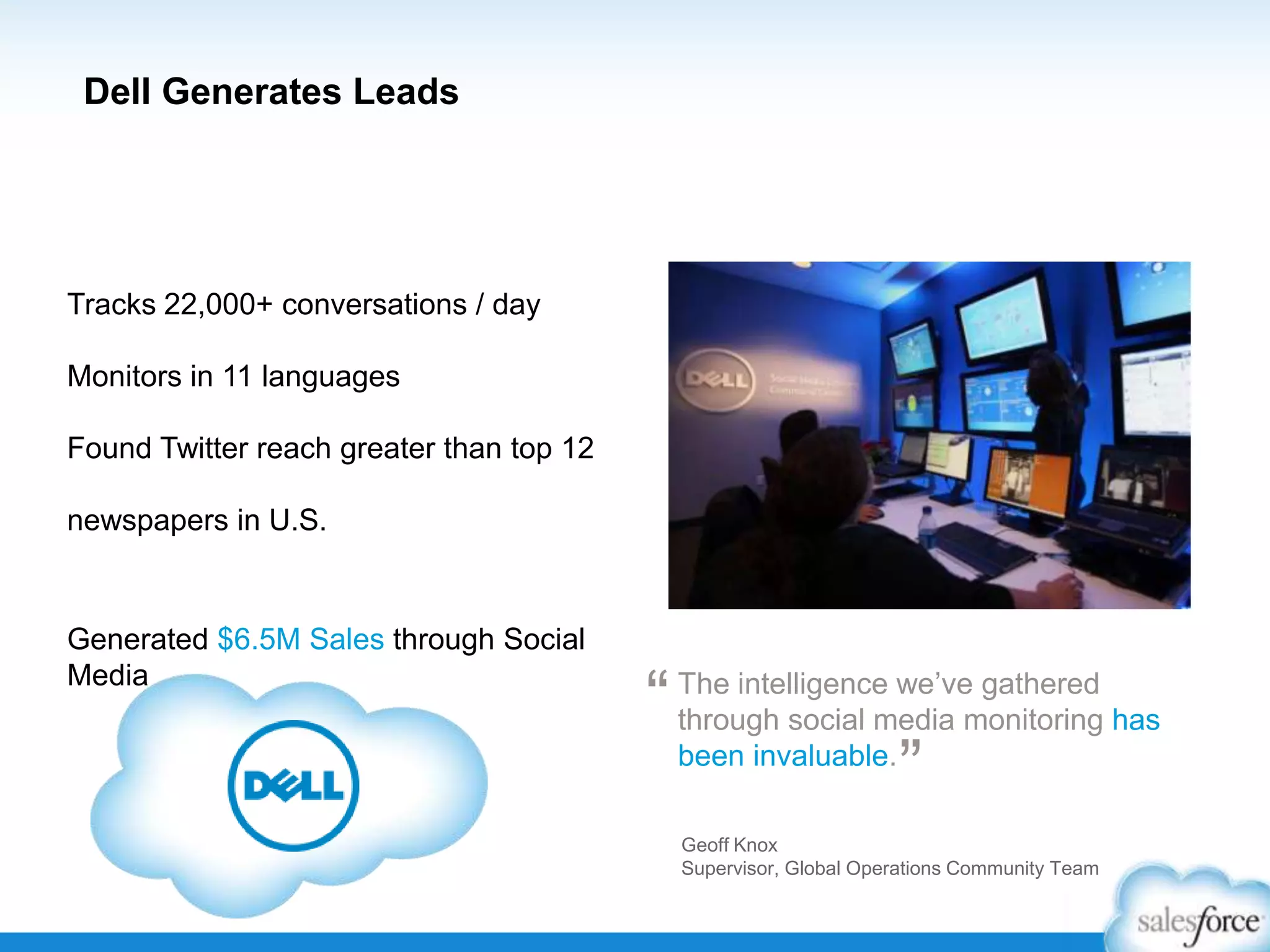 Dell Generates Leads

Tracks 22,000+ conversations / day
Monitors in 11 languages
Found Twitter reach greater than top 12
newspapers in U.S.

Generated $6.5M Sales through Social
Media

“

The intelligence we’ve gathered
through social media monitoring has
been invaluable.

”

Geoff Knox
Supervisor, Global Operations Community Team

 