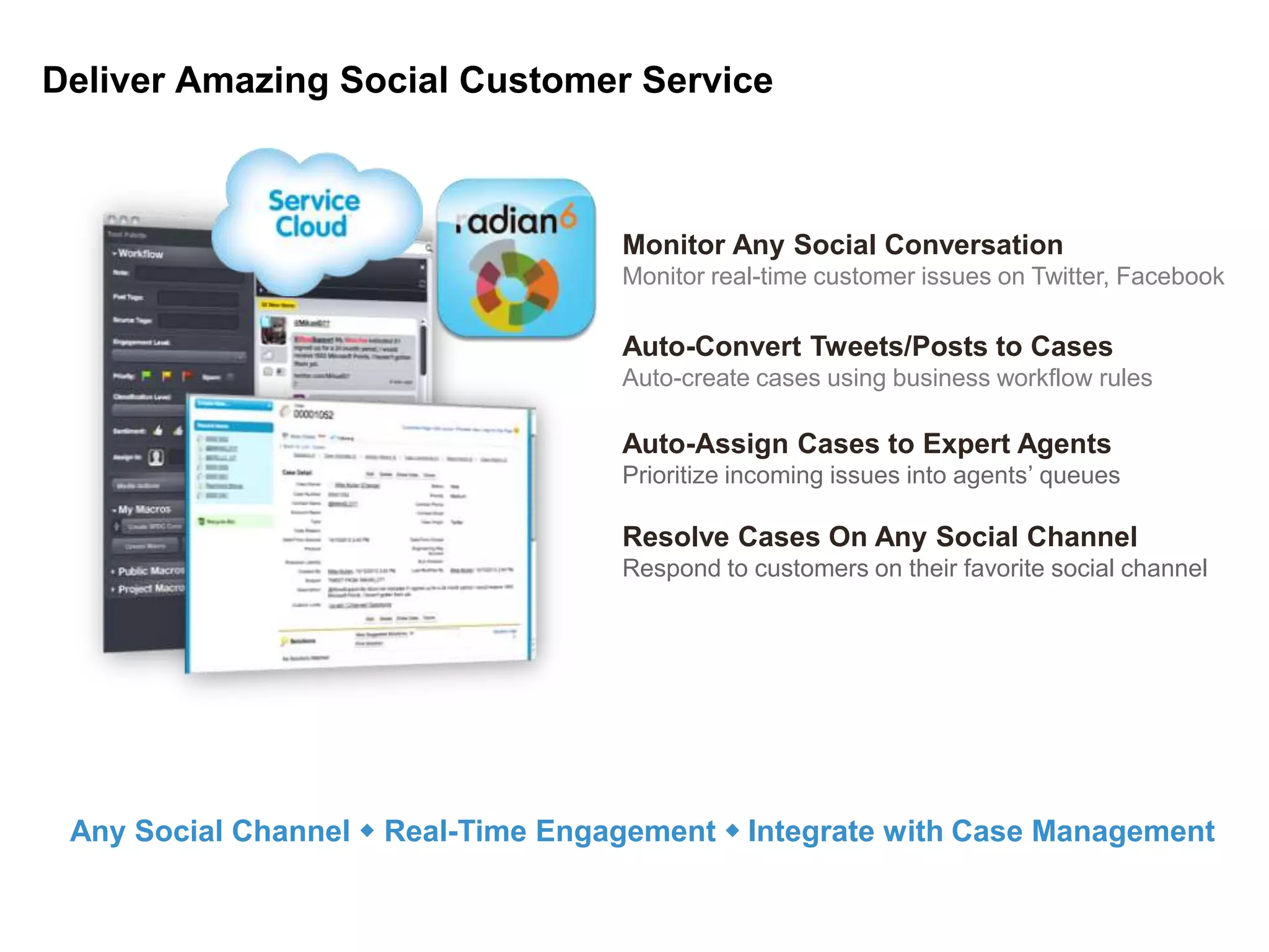 Deliver Amazing Social Customer Service

Monitor Any Social Conversation
Monitor real-time customer issues on Twitter, Facebook

Auto-Convert Tweets/Posts to Cases
Auto-create cases using business workflow rules

Auto-Assign Cases to Expert Agents
Prioritize incoming issues into agents’ queues

Resolve Cases On Any Social Channel
Respond to customers on their favorite social channel

Any Social Channel w Real-Time Engagement w Integrate with Case Management

 