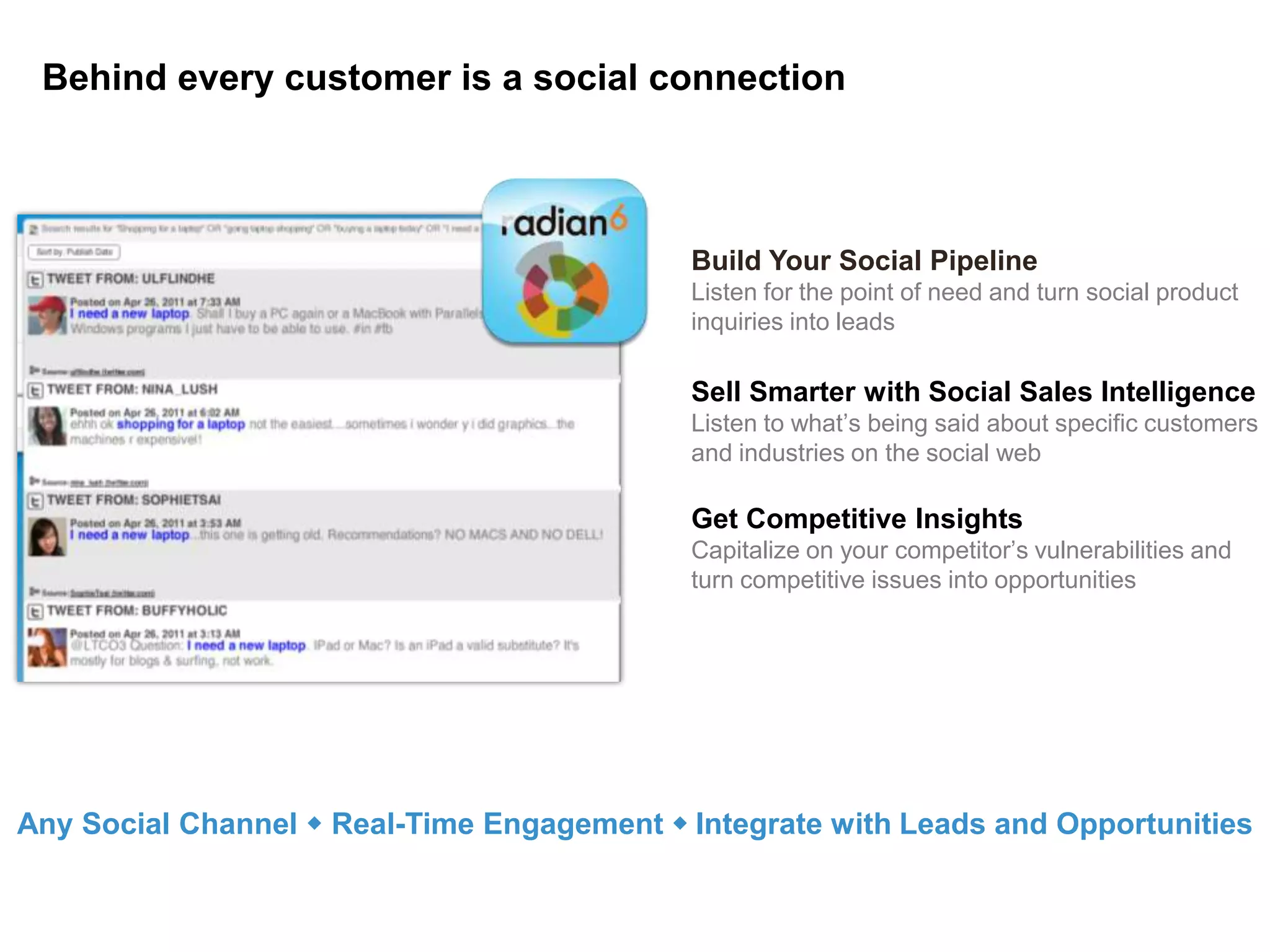 Behind every customer is a social connection

Build Your Social Pipeline
Listen for the point of need and turn social product
inquiries into leads

Sell Smarter with Social Sales Intelligence
Listen to what’s being said about specific customers
and industries on the social web

Get Competitive Insights
Capitalize on your competitor’s vulnerabilities and
turn competitive issues into opportunities

Any Social Channel w Real-Time Engagement w Integrate with Leads and Opportunities

 