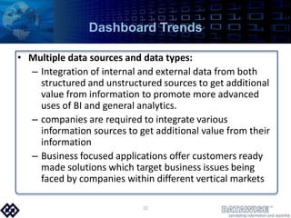 Dashboard TrendsMultiple data sources and data types: Integration of internal and external data from both structured and unstructured sources to get additional value from information to promote more advanced uses of BI and general analytics. companies are required to integrate various information sources to get additional value from their informationBusiness focused applications offer customers ready made solutions which target business issues being faced by companies within different vertical markets22