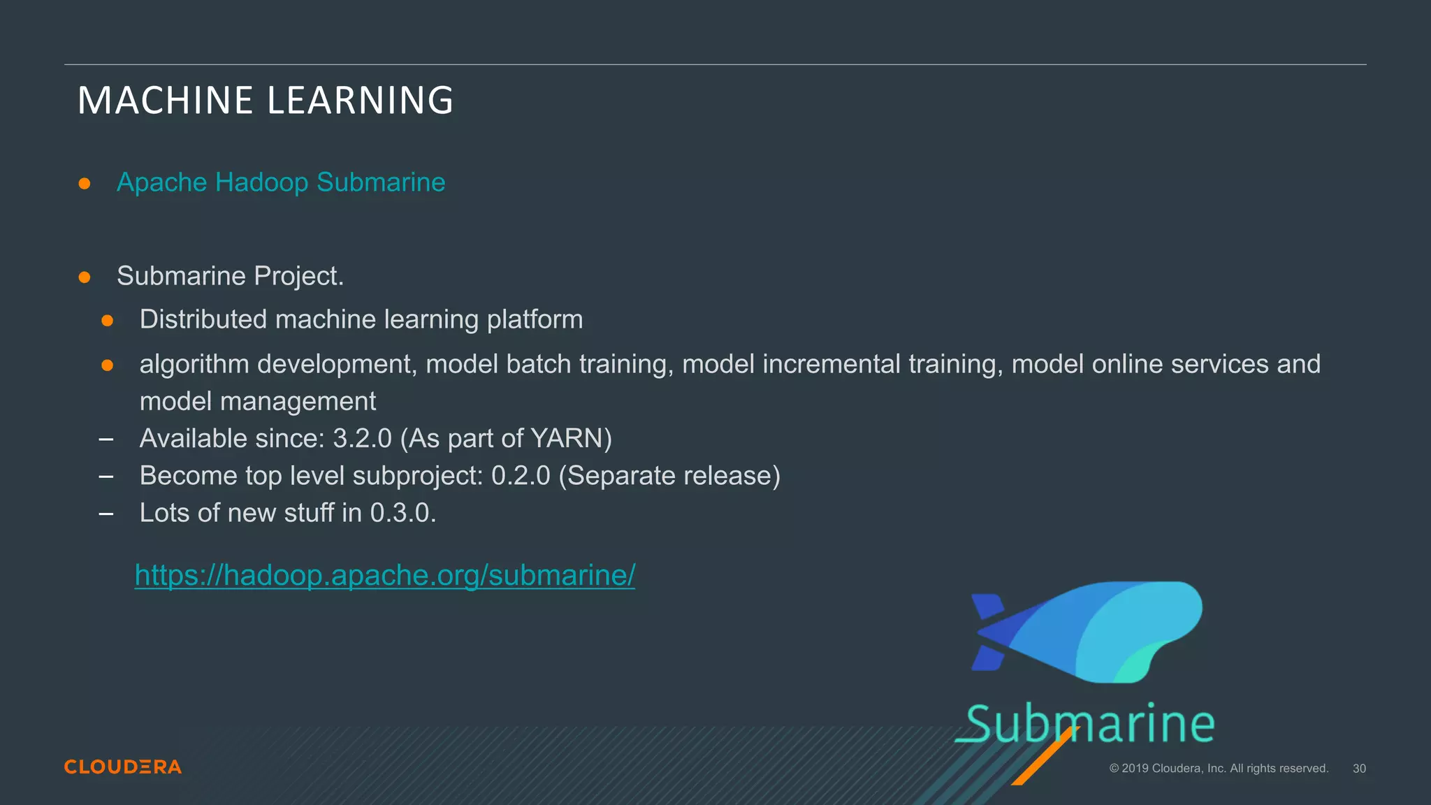 © 2019 Cloudera, Inc. All rights reserved. 30
MACHINE LEARNING
● Apache Hadoop Submarine
● Submarine Project.
● Distributed machine learning platform
● algorithm development, model batch training, model incremental training, model online services and
model management
⎯ Available since: 3.2.0 (As part of YARN)
⎯ Become top level subproject: 0.2.0 (Separate release)
⎯ Lots of new stuff in 0.3.0.
https://hadoop.apache.org/submarine/
 