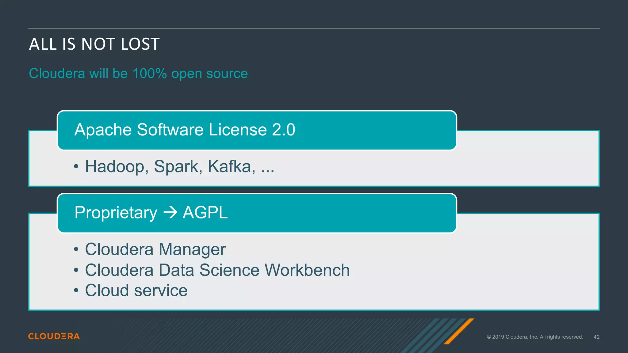 © 2019 Cloudera, Inc. All rights reserved. 42
ALL IS NOT LOST
Cloudera will be 100% open source
• Hadoop, Spark, Kafka, ...
Apache Software License 2.0
• Cloudera Manager
• Cloudera Data Science Workbench
• Cloud service
Proprietary à AGPL
 