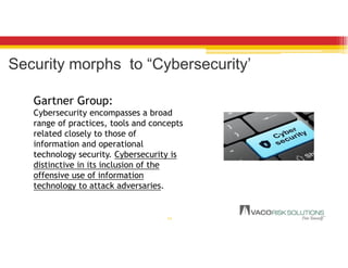 Security morphs to “Cybersecurity’
14
Gartner Group:
Cybersecurity encompasses a broad
range of practices, tools and concepts
related closely to those of
information and operational
technology security. Cybersecurity is
distinctive in its inclusion of the
offensive use of information
technology to attack adversaries.
 