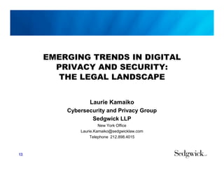 EMERGING TRENDS IN DIGITAL
PRIVACY AND SECURITY:
THE LEGAL LANDSCAPE
Laurie Kamaiko
Cybersecurity and Privacy Group
Sedgwick LLP
New York Office
Laurie.Kamaiko@sedgwicklaw.com
Telephone 212.898.4015
12
 