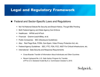 Legal and Regulatory Framework
 Federal and Sector-Specific Laws and Regulations
 Not Yet National Statute Re Security and Breach Notice, Though Bills Pending
 Both Federal Agency and State Agency Can Enforce
 Healthcare: HIPAA and HiTech
 Financial: Gramm-Leach-Bliley, et al.
 Public Companies: SEC (Disclosure Guidelines)
 Also: Red Flags Rule, FCRA, Can-Spam, Video Privacy Protection Act, etc.
 Federal Agency Guidelines: SEC, FTC, FDA, FCC, NIST For Critical Infrastructure, etc.
 International: Data Security and Response Requirements
 Cross-Boarder Transfer of Information About Individuals and Other Countries
 Recent Upheaval Re: U.S. Safe Harbor Program for Transfer
of PI to U.S. Declared Invalid By E.U. Commission October 6, 2015
 