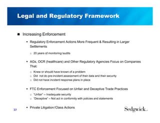 Legal and Regulatory Framework
 Increasing Enforcement
 Regulatory Enforcement Actions More Frequent & Resulting in Larger
Settlements
o 20 years of monitoring/audits
 AGs, OCR (healthcare) and Other Regulatory Agencies Focus on Companies
That:
o Knew or should have known of a problem
o Did not do pre-incident assessment of their data and their security
o Did not have incident response plans in place
 FTC Enforcement Focused on Unfair and Deceptive Trade Practices
o “Unfair” -- Inadequate security
o “Deceptive” – Not act in conformity with policies and statements
 Private Litigation/Class Actions
27
 