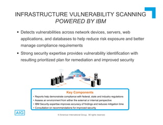  Detects vulnerabilities across network devices, servers, web
applications, and databases to help reduce risk exposure and better
manage compliance requirements
 Strong security expertise provides vulnerability identification with
resulting prioritized plan for remediation and improved security
INFRASTRUCTURE VULNERABILITY SCANNING
POWERED BY IBM
Key Components
• Reports help demonstrate compliance with federal, state and industry regulations
• Assess an environment from either the external or internal perspective
• IBM Security expertise improves accuracy of findings and reduces mitigation time
• Consultation on recommendations for improved security
© American International Group, All rights reserved.
 