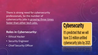 There is strong need for cybersecurity
professionals, So the number of
cybersecurity jobs is growing three times
faster than other tech jobs.
Roles in Cybersecurity:
• Ethical Hacker
• Security Engineer
• Chief Security Officer
 