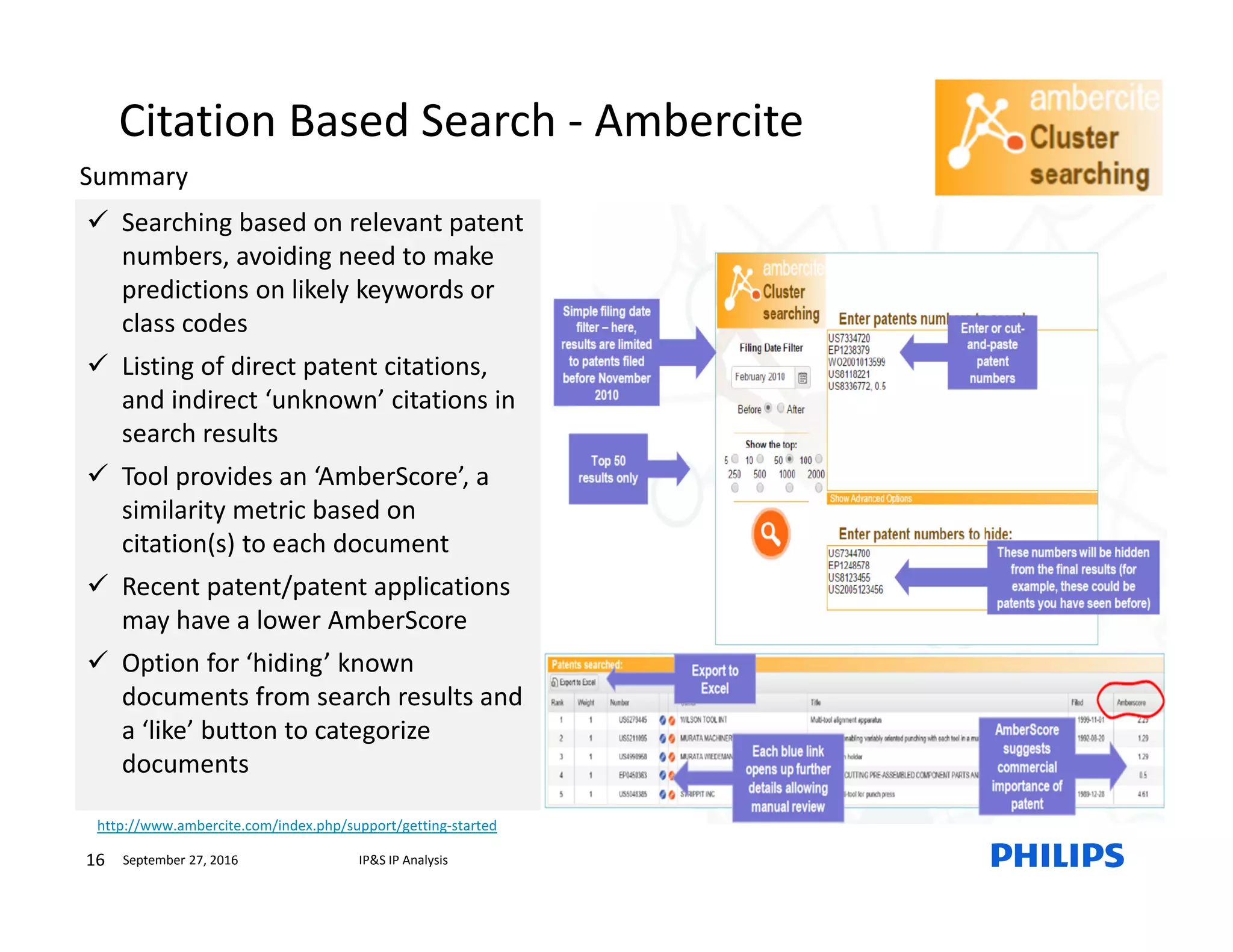 September 27, 2016 IP&S IP Analysis16
http://www.ambercite.com/index.php/support/getting-started
Citation Based Search - Ambercite
Searching based on relevant patent
numbers, avoiding need to make
predictions on likely keywords or
class codes
Listing of direct patent citations,
and indirect ‘unknown’ citations in
search results
Tool provides an ‘AmberScore’, a
similarity metric based on
citation(s) to each document
Recent patent/patent applications
may have a lower AmberScore
Option for ‘hiding’ known
documents from search results and
a ‘like’ button to categorize
documents
Summary
 
