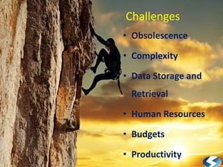 Challenges
• Obsolescence

• Complexity

• Data Storage and
  Retrieval

• Human Resources

• Budgets

• Productivity
 