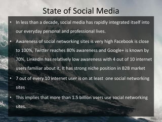 State of Social Media
• In less than a decade, social media has rapidly integrated itself into
   our everyday personal and professional lives.

• Awareness of social networking sites is very high Facebook is close
   to 100%, Twitter reaches 80% awareness and Google+ is known by
   70%, LinkedIn has relatively low awareness with 4 out of 10 internet
   users familiar about it, It has strong niche position in B2B market

• 7 out of every 10 internet user is on at least one social networking
   sites

• This implies that more than 1.5 billion users use social networking
   sites.
 