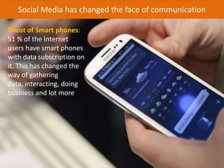 Social Media has changed the face of communication

Boost of Smart phones:
51 % of the Internet
users have smart phones
with data subscription on
it. This has changed the
way of gathering
data, interacting, doing
business and lot more
 